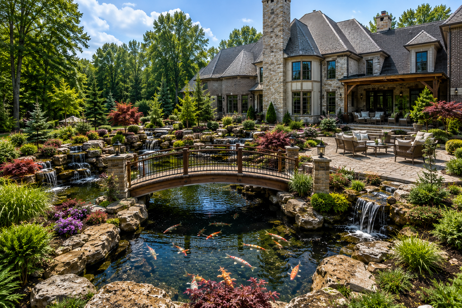 Custom koi pond installation in Chester, VA with bridge, waterfalls, natural stone, and premium backyard retreat design