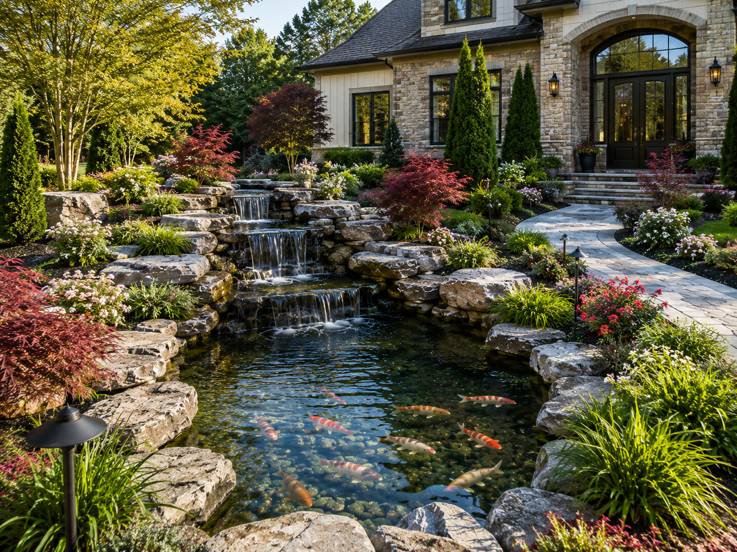 Luxury front yard koi pond landscape with natural stone waterfalls, koi fish, and premium outdoor design near Chester, Virginia