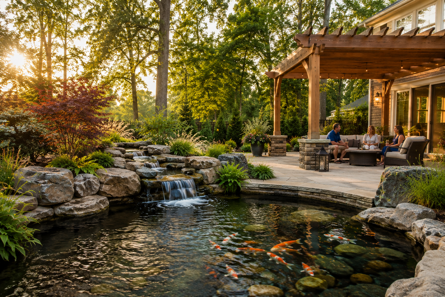 Luxury Chesterfield koi pond and outdoor retreat landscape with natural stone waterfalls, koi fish, and premium backyard design