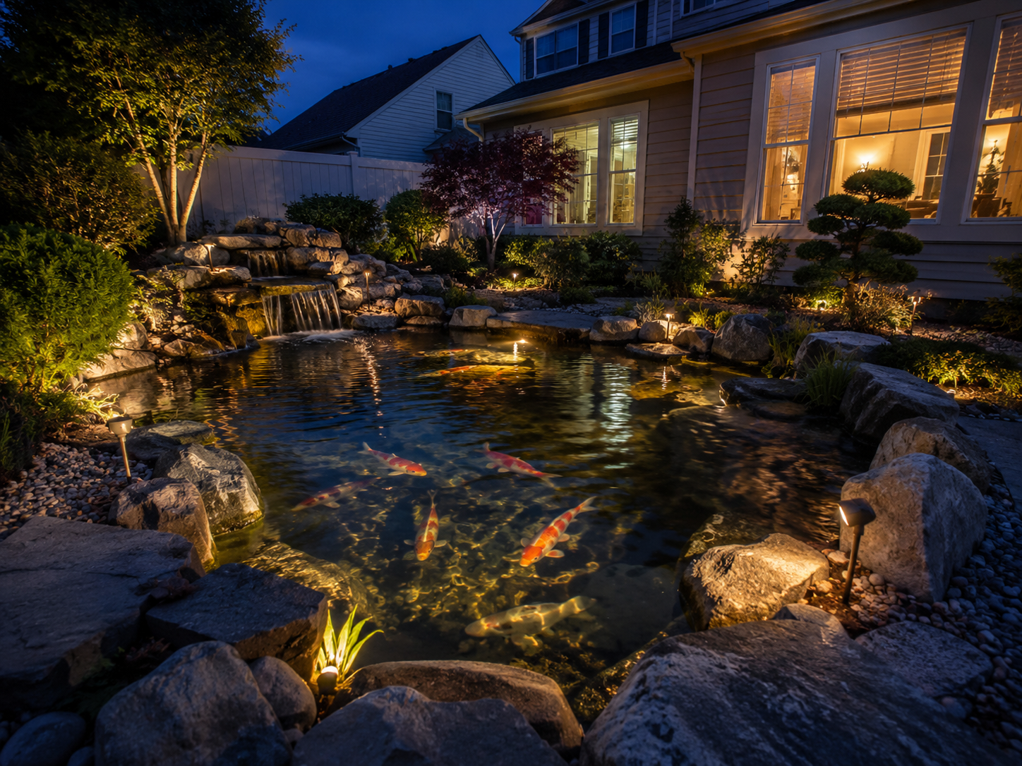 Evening backyard koi pond with soft outdoor lighting and clear water