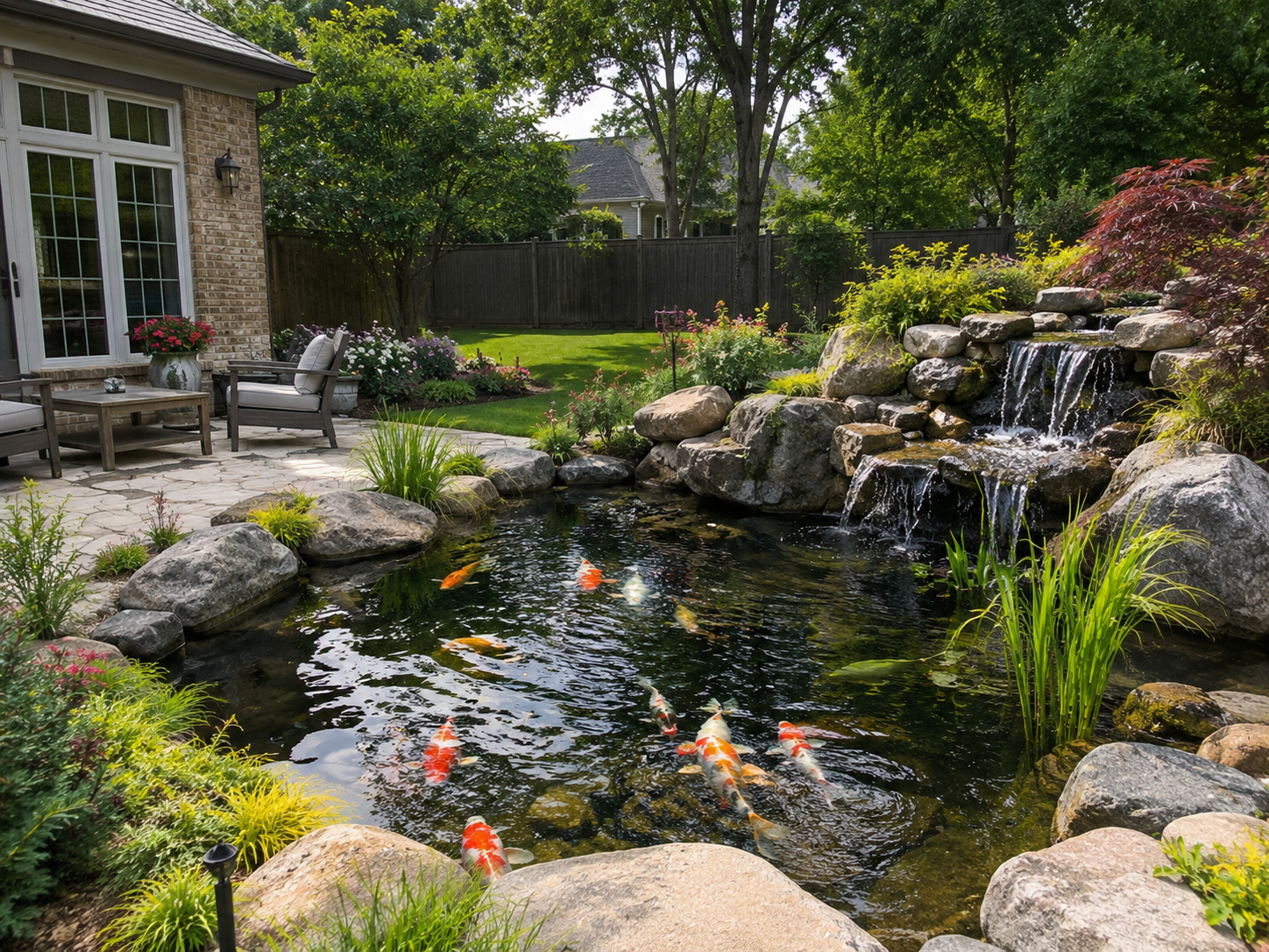 Finished backyard koi pond retreat with landscaping and patio seating