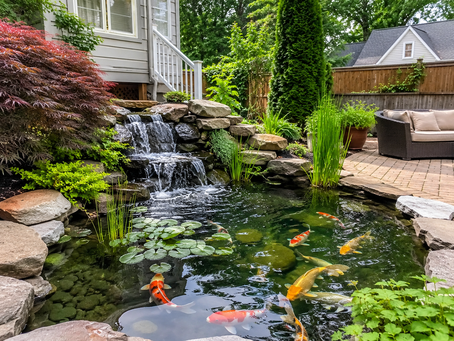 Professionally installed koi pond with natural stone and clear water in a Hampton style backyard