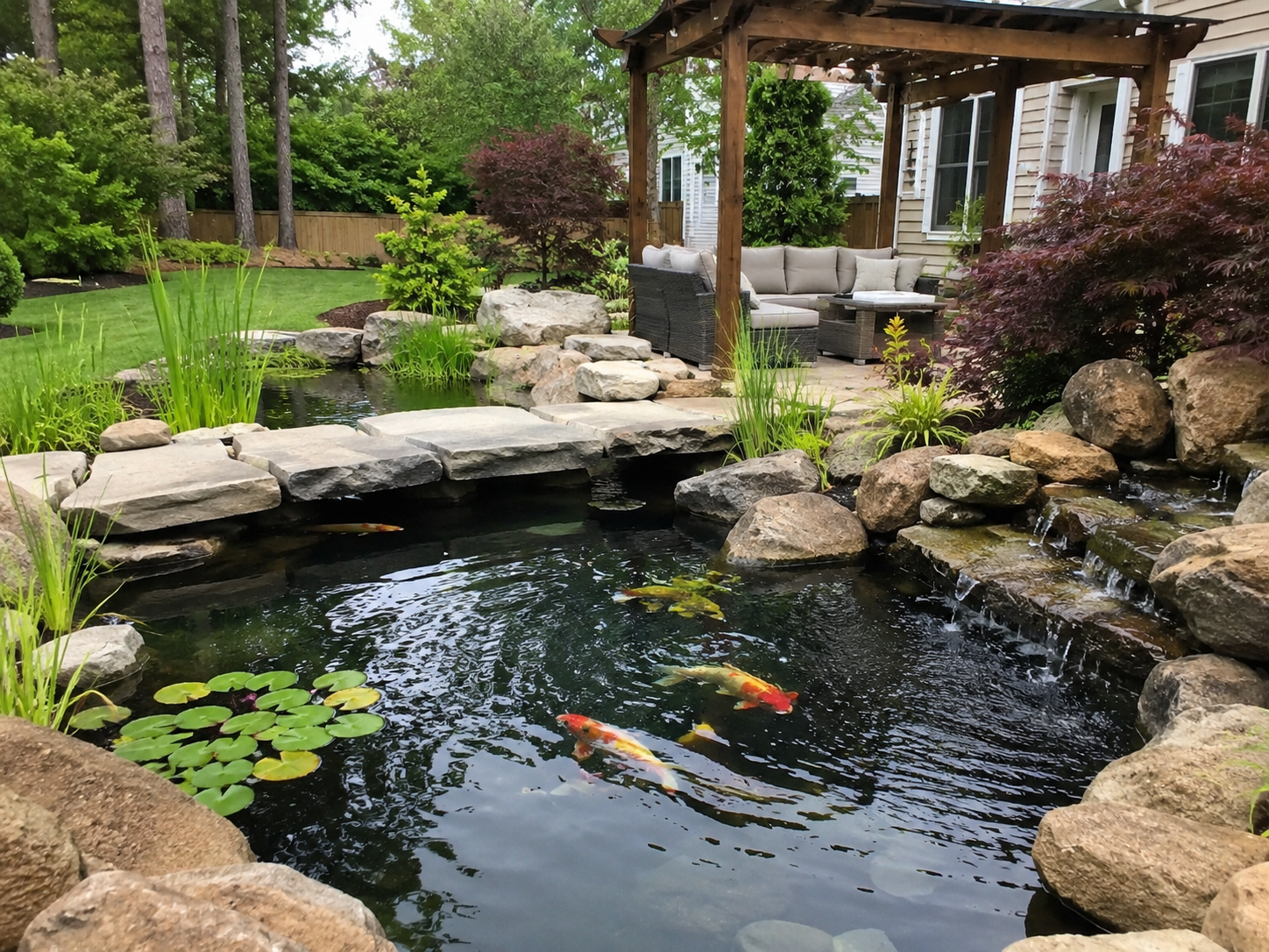 Natural stone waterfall flowing into a backyard koi pond