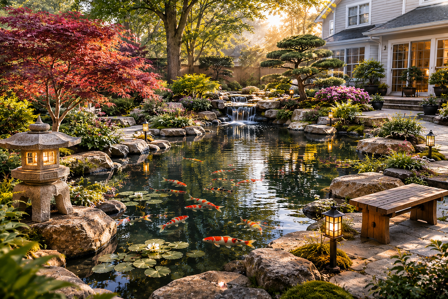 Backyard waterfall feature and natural stone water feature for a Williamsburg Virginia home