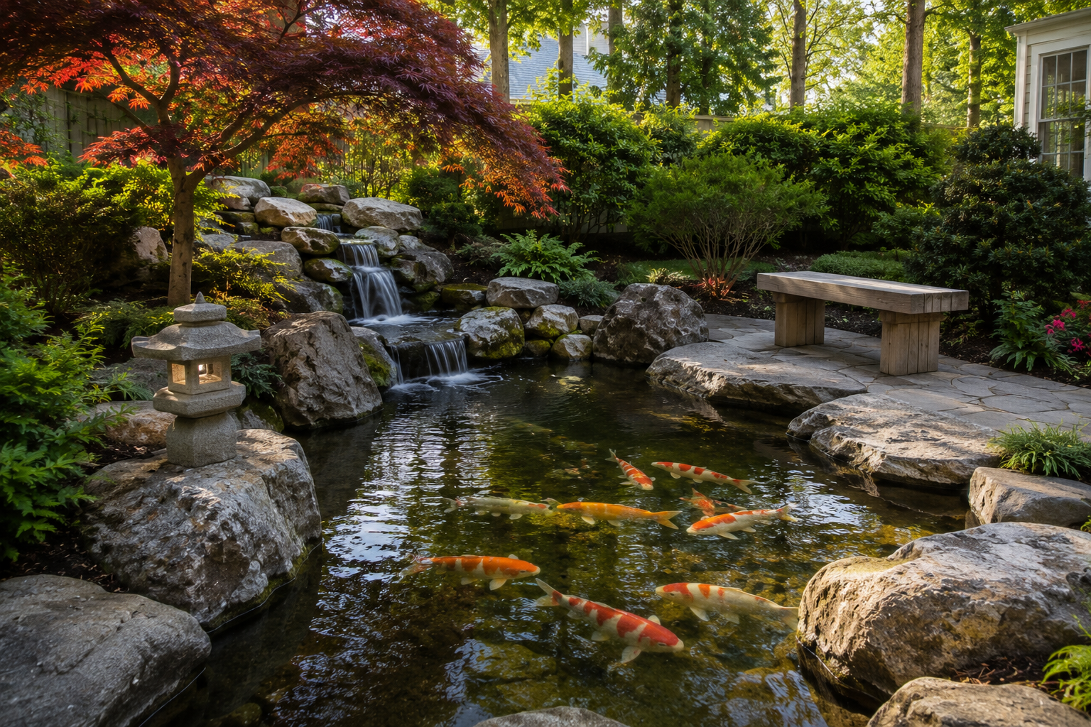 Japanese garden inspired koi pond for Williamsburg Virginia backyard retreat