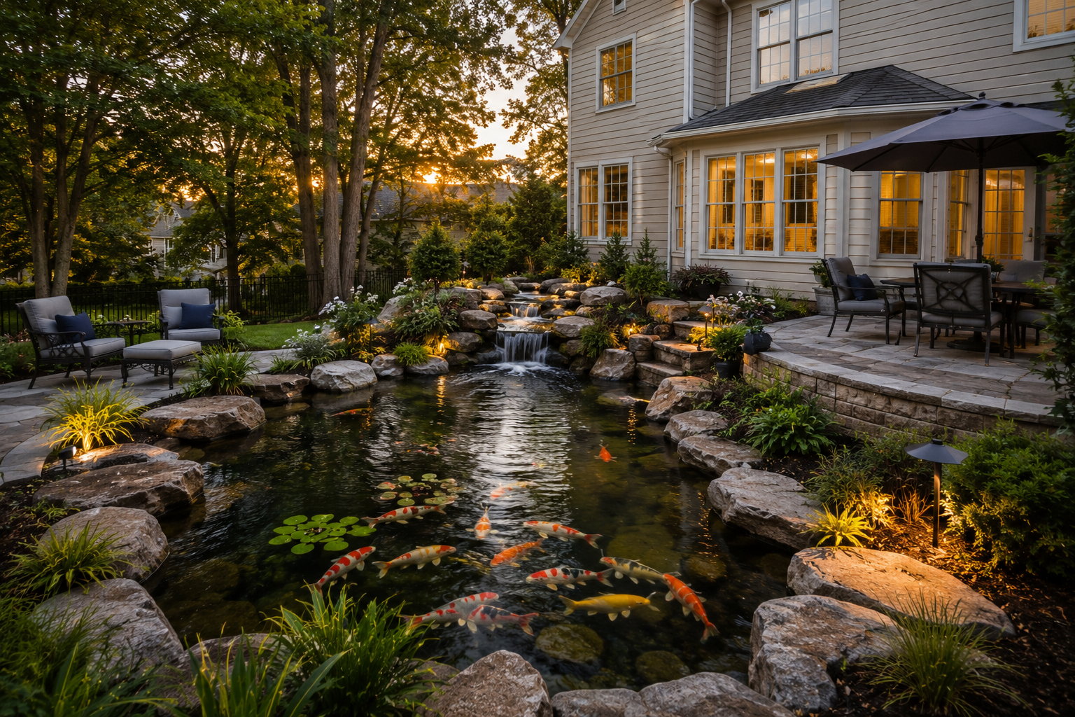 Koi pond backyard retreat with natural stone and evening lighting for Williamsburg VA homeowners