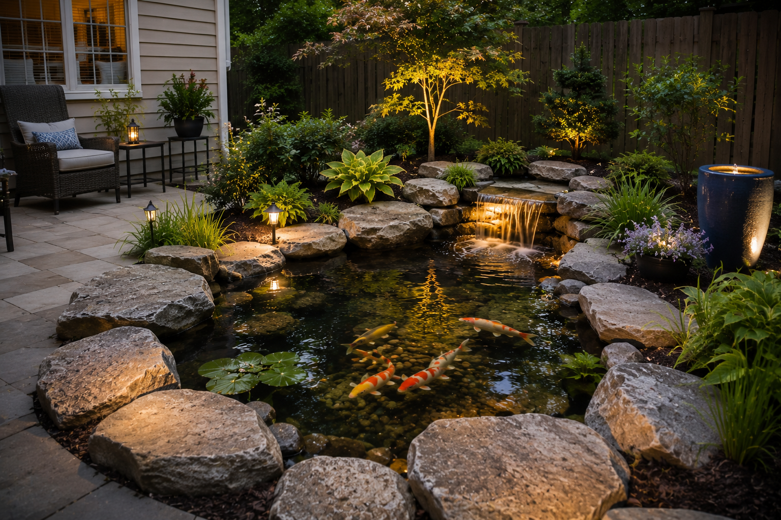 Outdoor lighting around koi pond and backyard water feature in Williamsburg VA