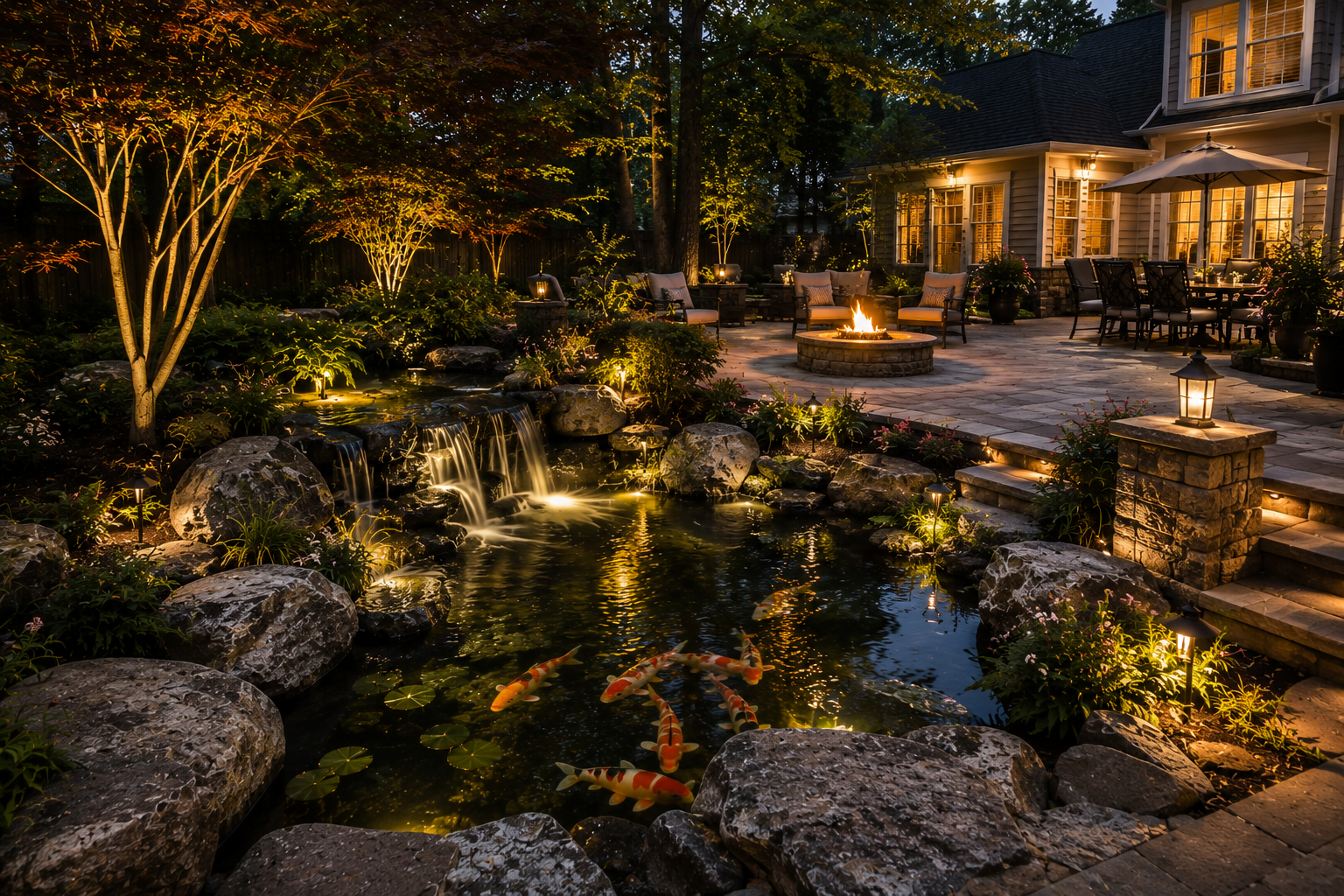 Luxury outdoor retreat water feature with koi pond inspiration for Williamsburg Virginia homeowners