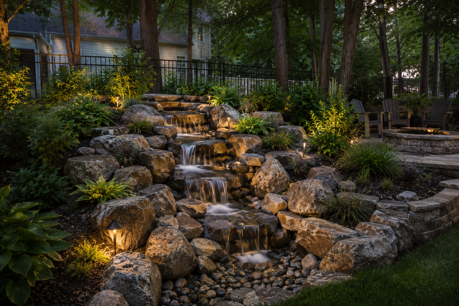 Pondless waterfall with natural stone for Williamsburg VA outdoor retreat